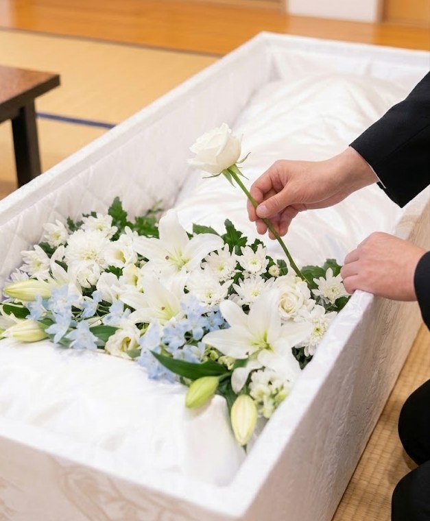 和室で棺に白い花を手向ける手元